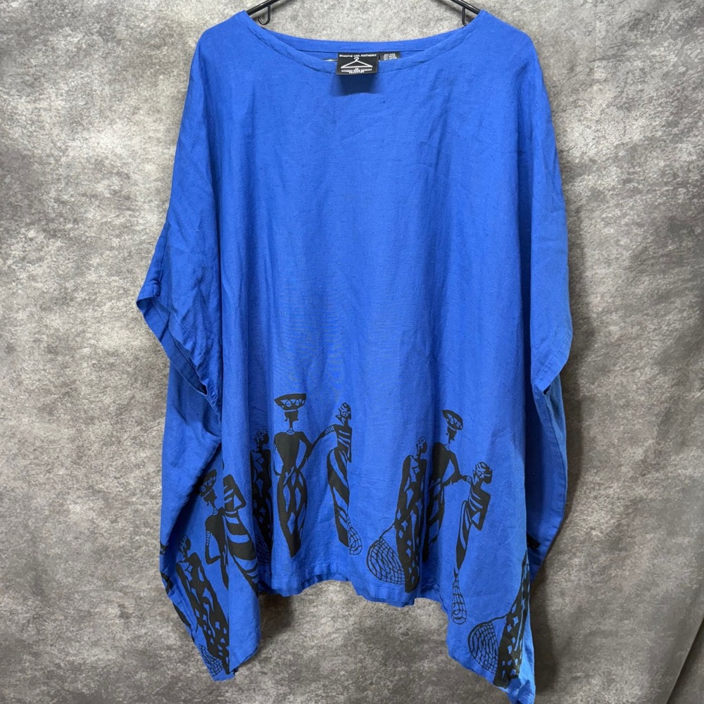 Anthony Mark Hankins Blue Tribal Print Poncho Tunic Top One Size African Ladies